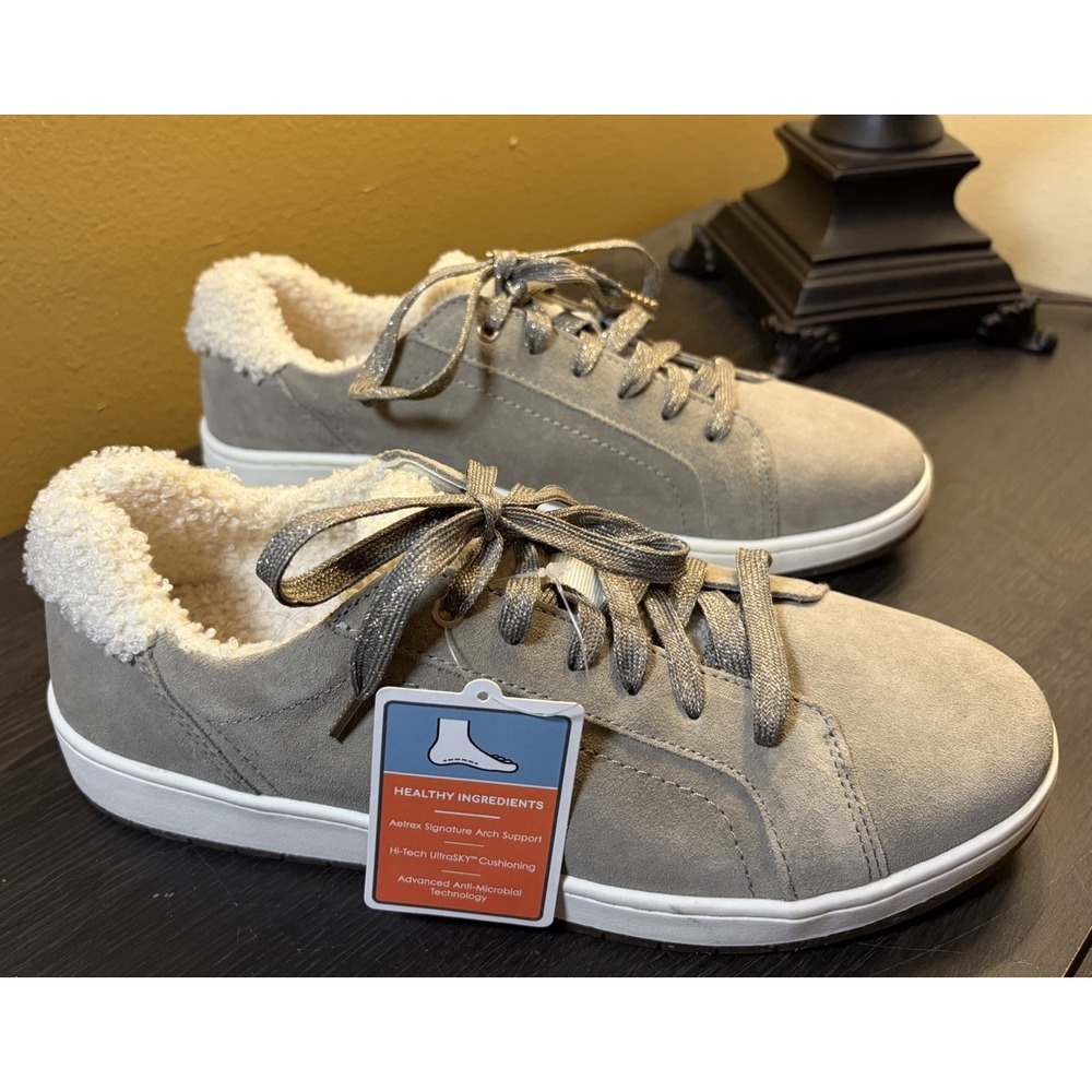Aetrex Cozy Blake PC126 Womens Gray Sparkle Lace Up Faux Fur Sneakers Shoes 10